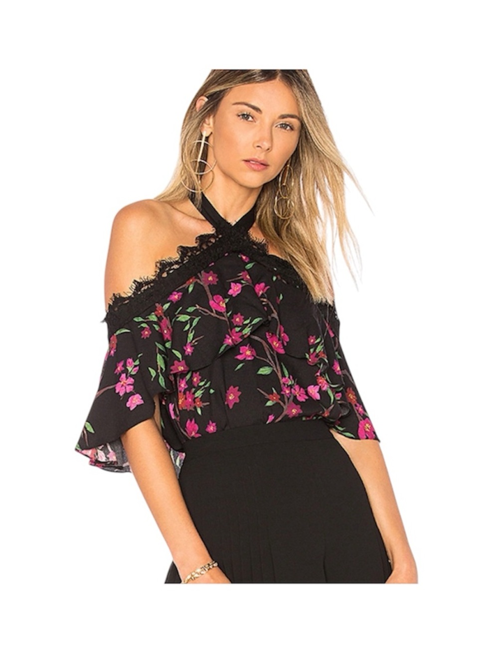 Alice & Olivia Alyssa Sakura Flower Off-the-Shoulder Top Halter Neck Size Large